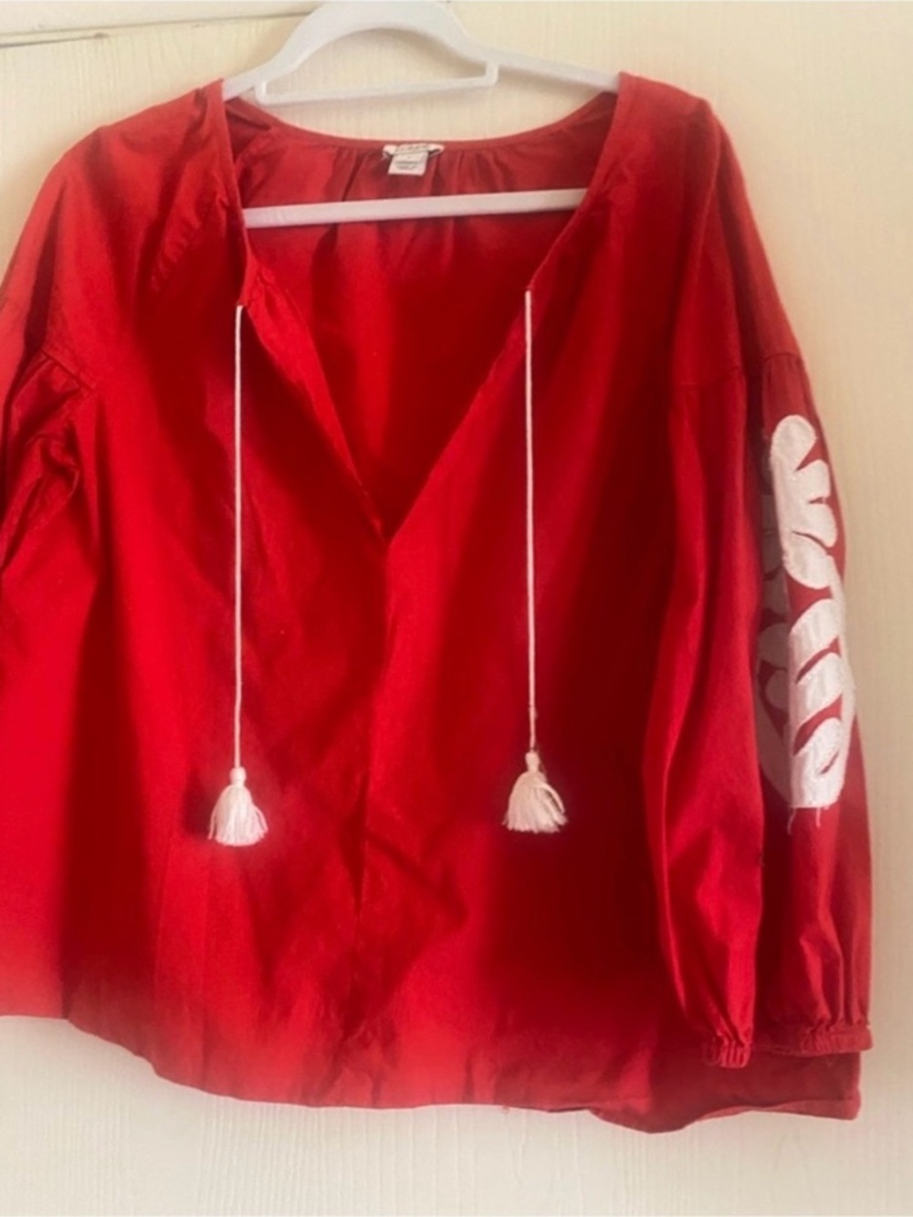 Red Tie-Front Peasant Jean Jacket with White Tassel Detail
